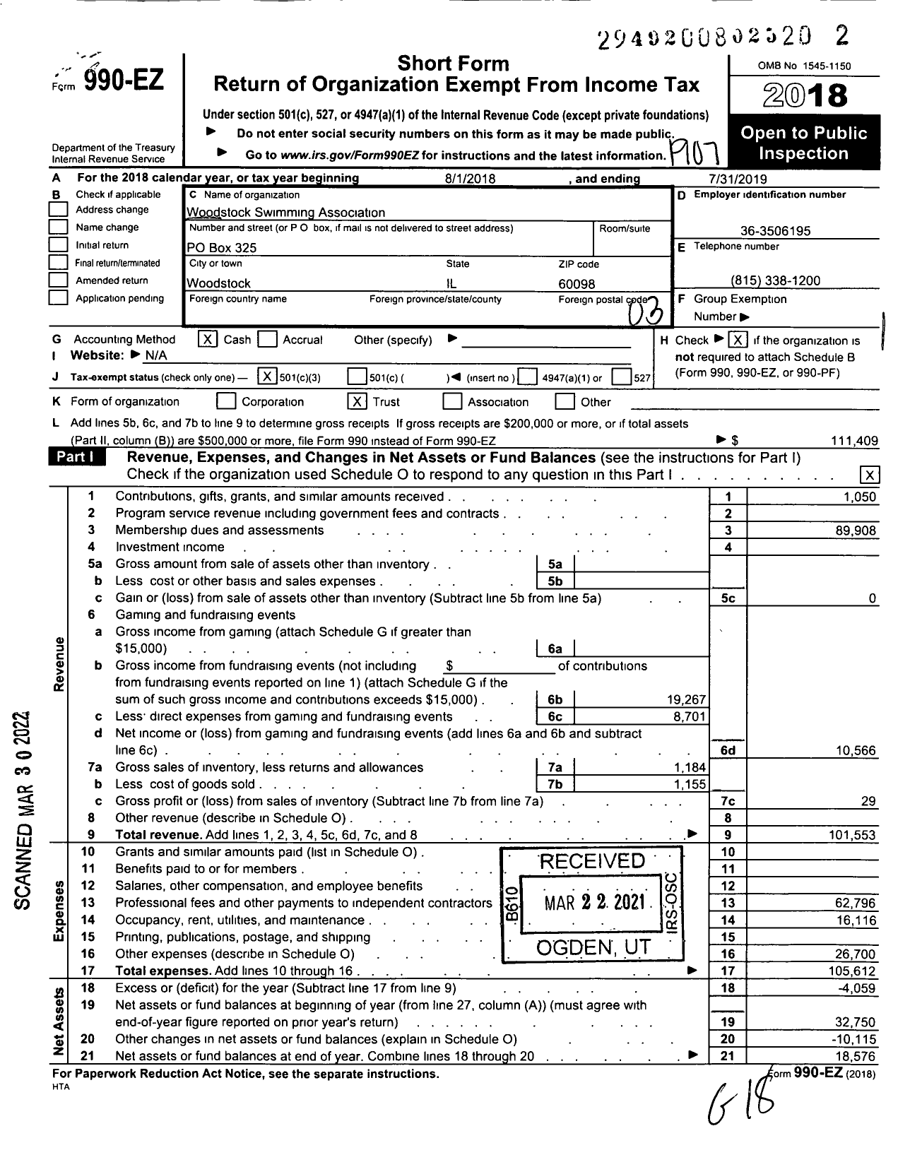 Image of first page of 2018 Form 990EZ for Woodstock Swimming Association