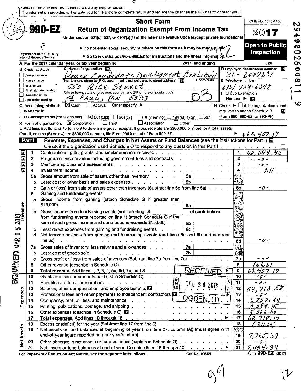 Image of first page of 2017 Form 990EZ for Women Candidate Development Coalition