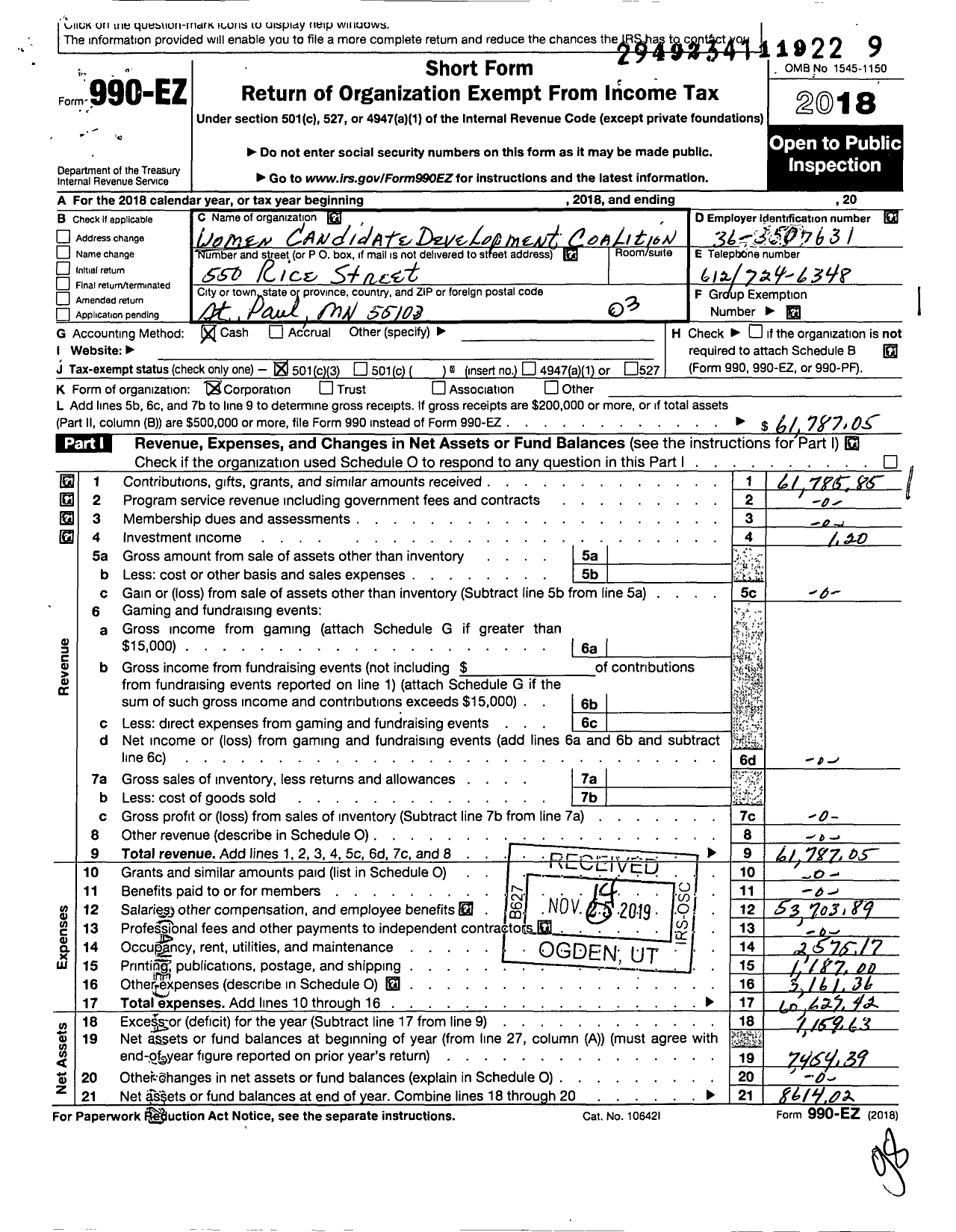 Image of first page of 2018 Form 990EZ for Women Candidate Development Coalition