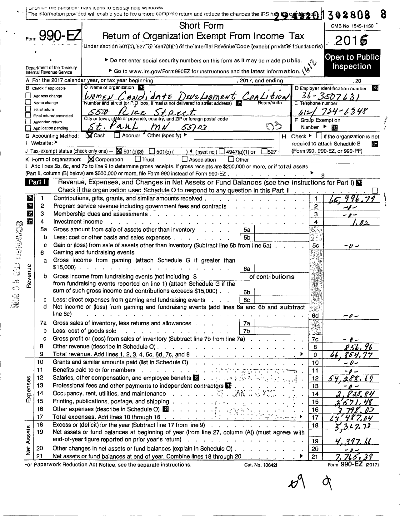 Image of first page of 2016 Form 990EZ for Women Candidate Development Coalition