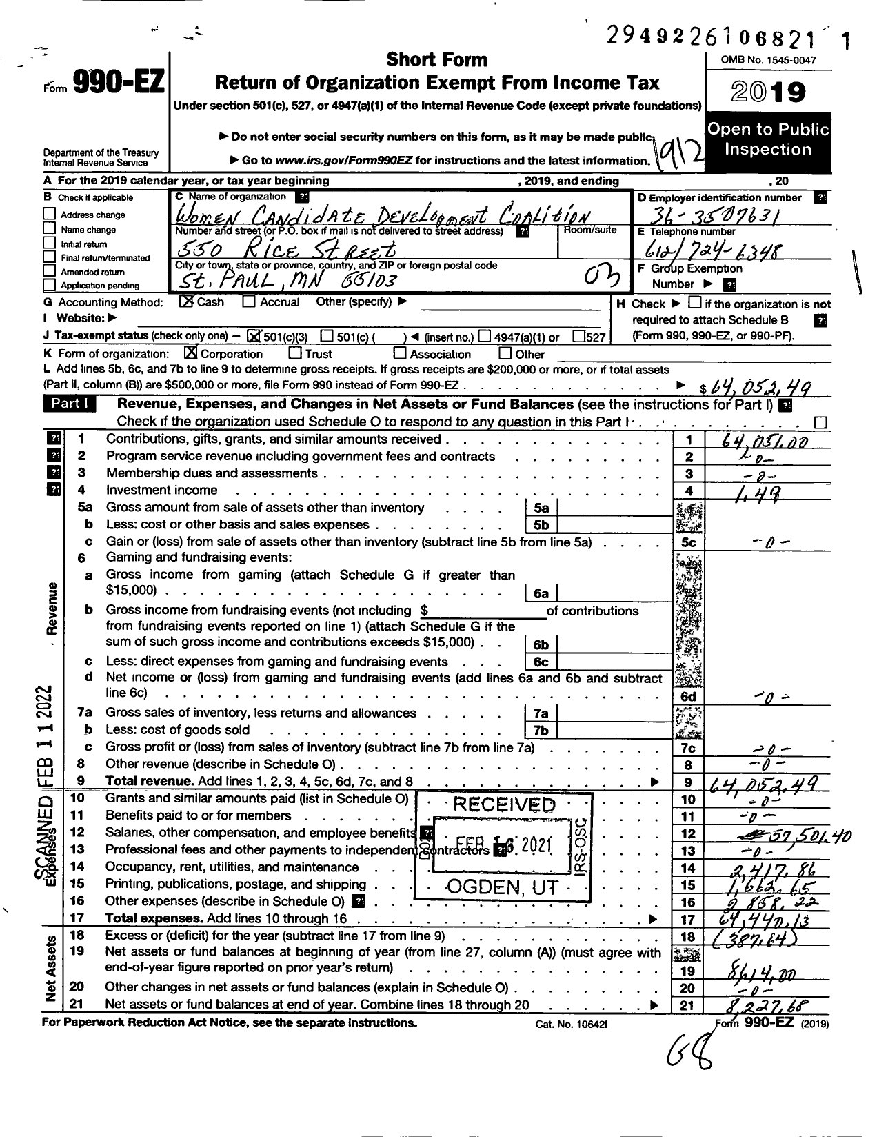 Image of first page of 2019 Form 990EZ for Women Candidate Development Coalition