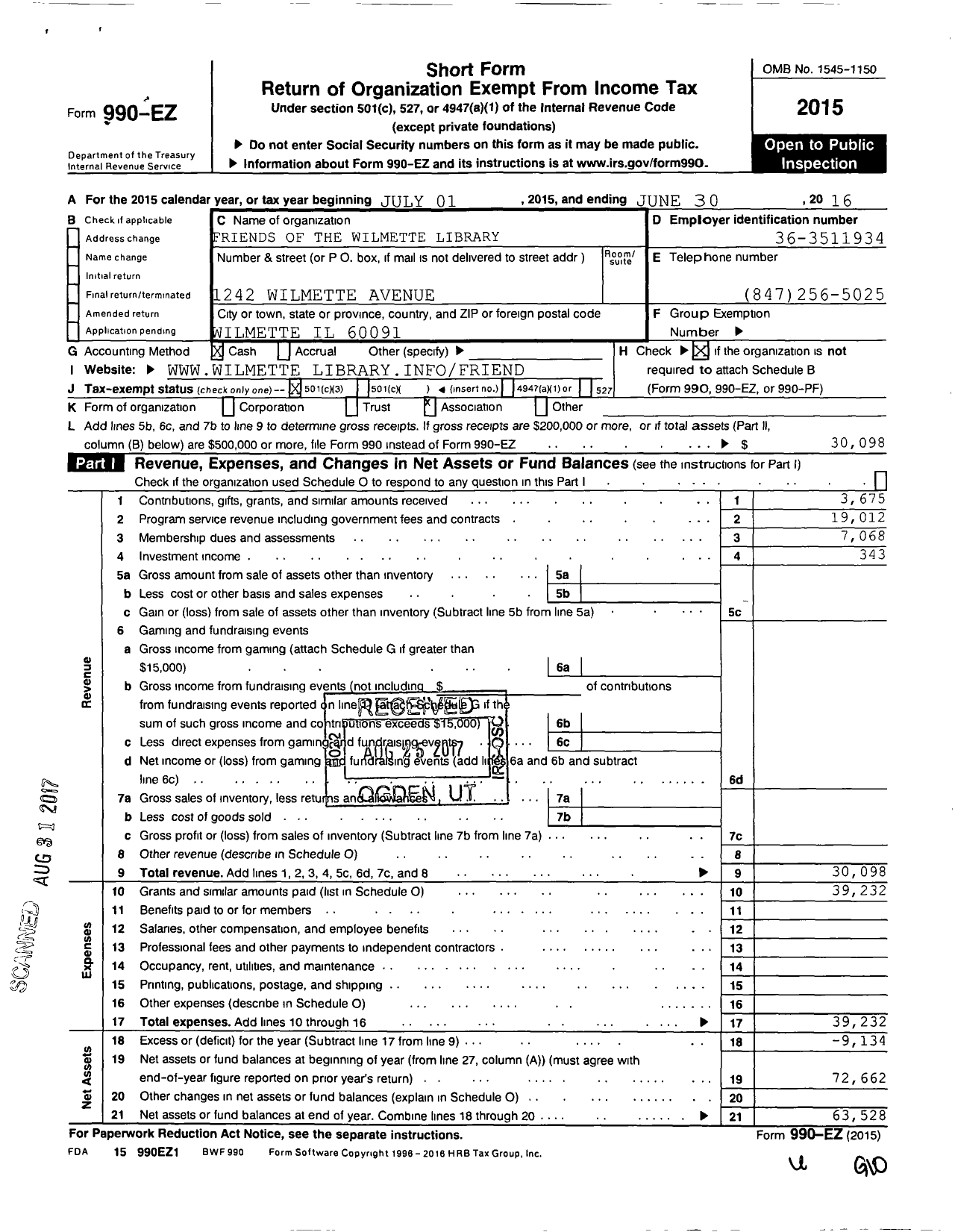 Image of first page of 2015 Form 990EZ for Friends of the Wilmette Public Library