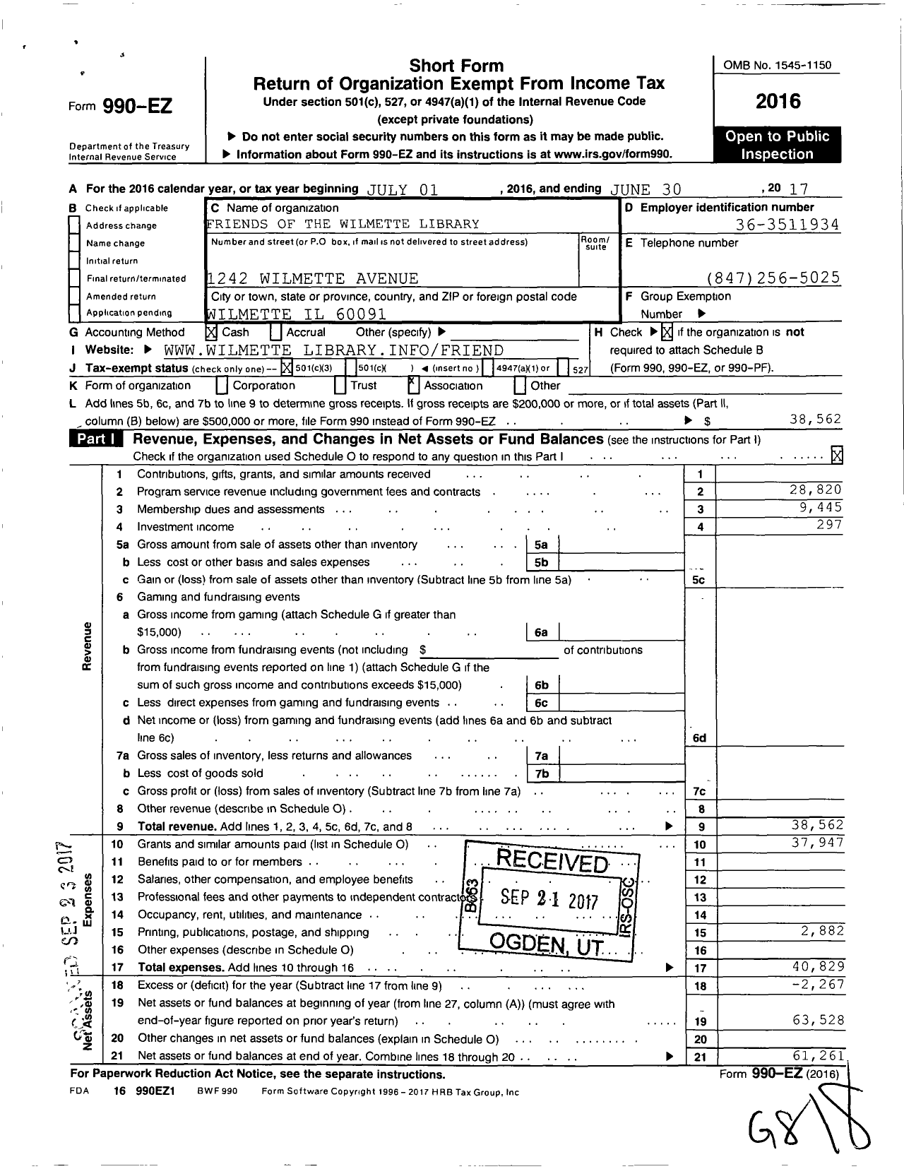 Image of first page of 2016 Form 990EZ for Friends of the Wilmette Public Library