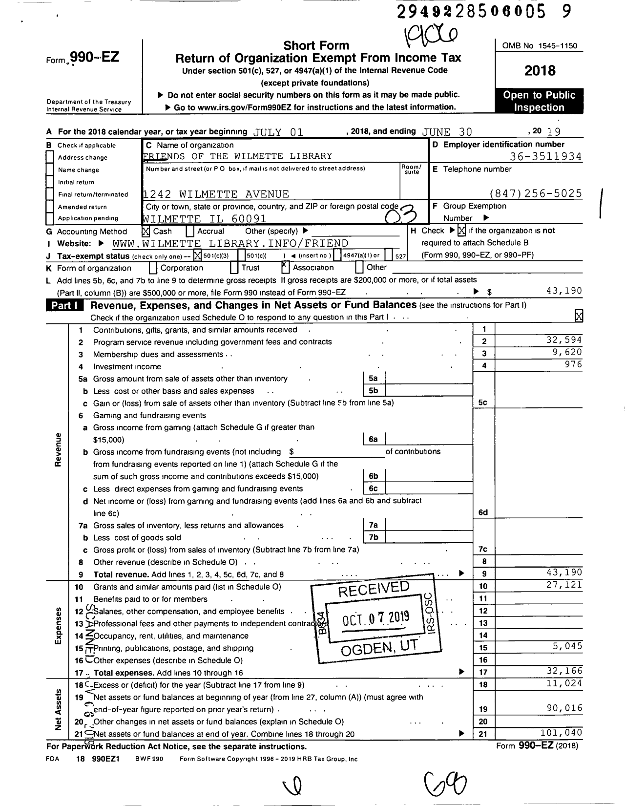 Image of first page of 2018 Form 990EZ for Friends of the Wilmette Public Library