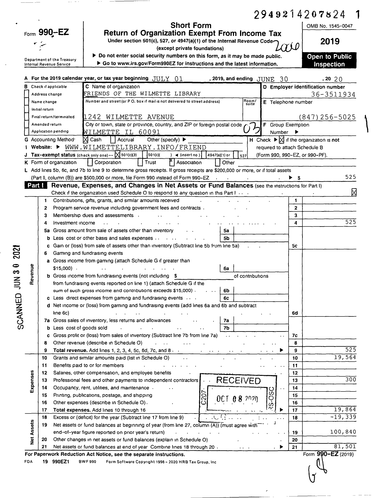 Image of first page of 2019 Form 990EZ for Friends of the Wilmette Public Library