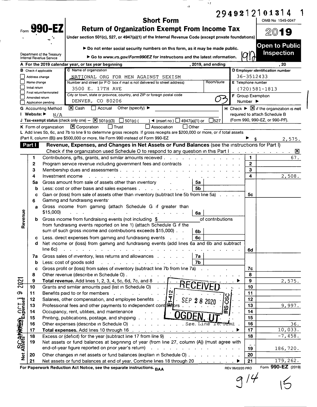 Image of first page of 2019 Form 990EZ for National Organization for Men Against Sexism