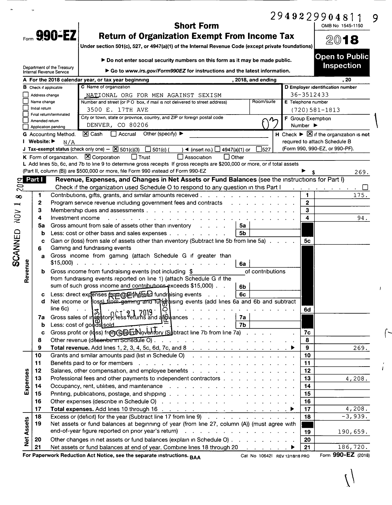 Image of first page of 2018 Form 990EZ for National Organization for Men Against Sexism