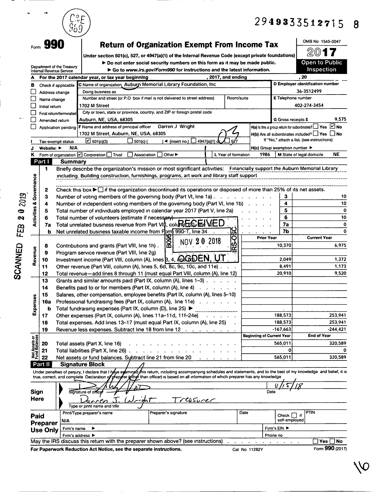 Image of first page of 2017 Form 990 for Auburn Public Library Foundation