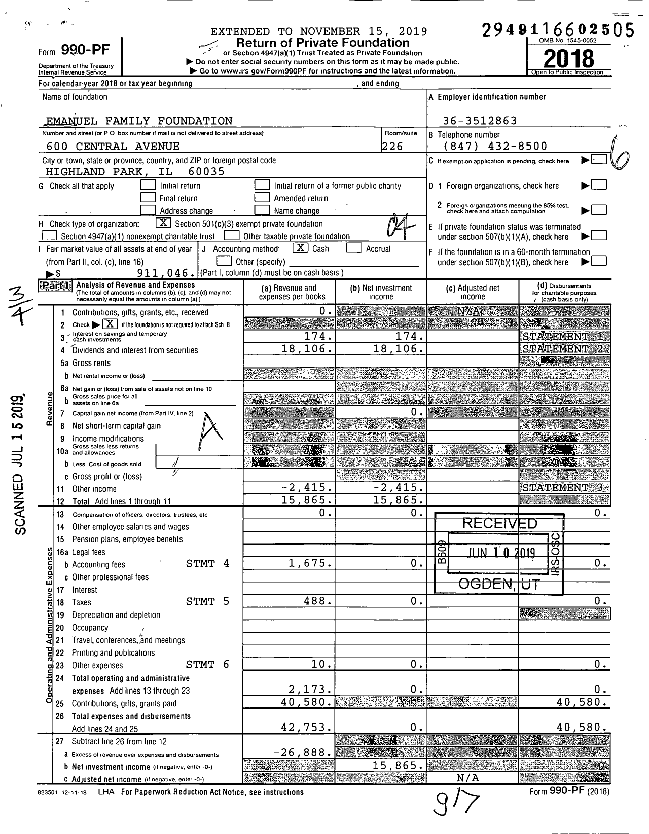 Image of first page of 2018 Form 990PF for Emanuel Family Foundation