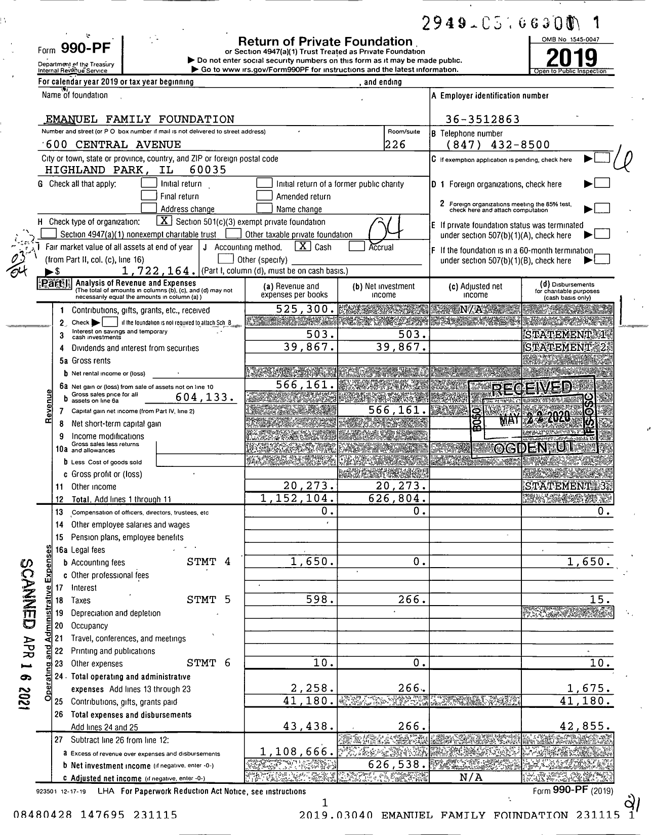 Image of first page of 2019 Form 990PF for Emanuel Family Foundation