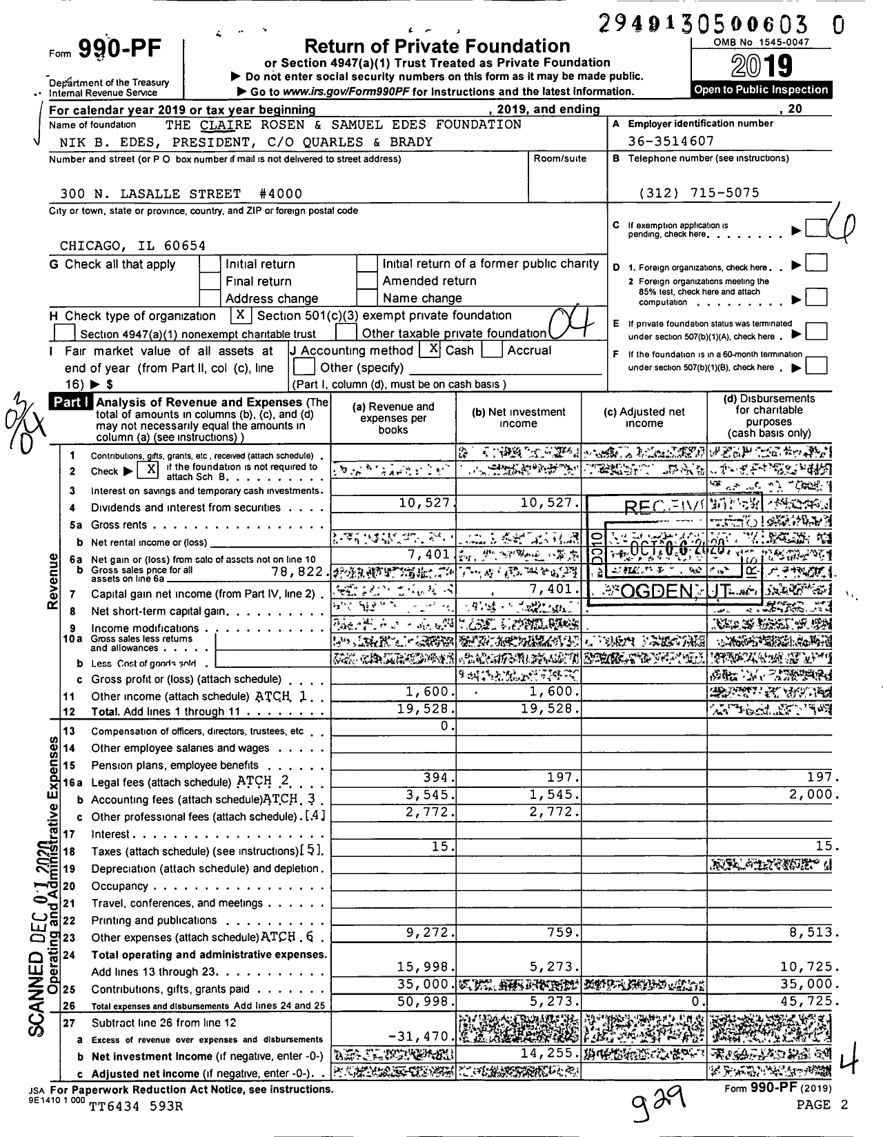 Image of first page of 2019 Form 990PF for The Claire Rosen and Samuel Edes Foundation