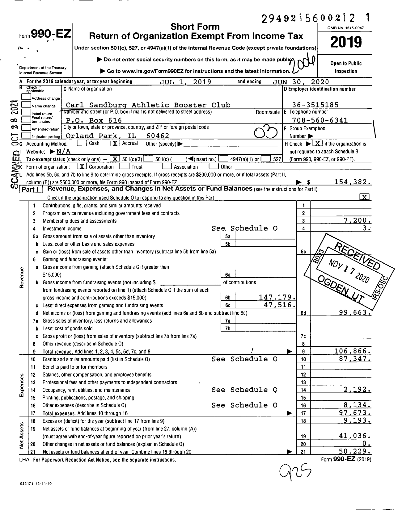 Image of first page of 2019 Form 990EZ for Carl Sandburg Athletic Booster Club