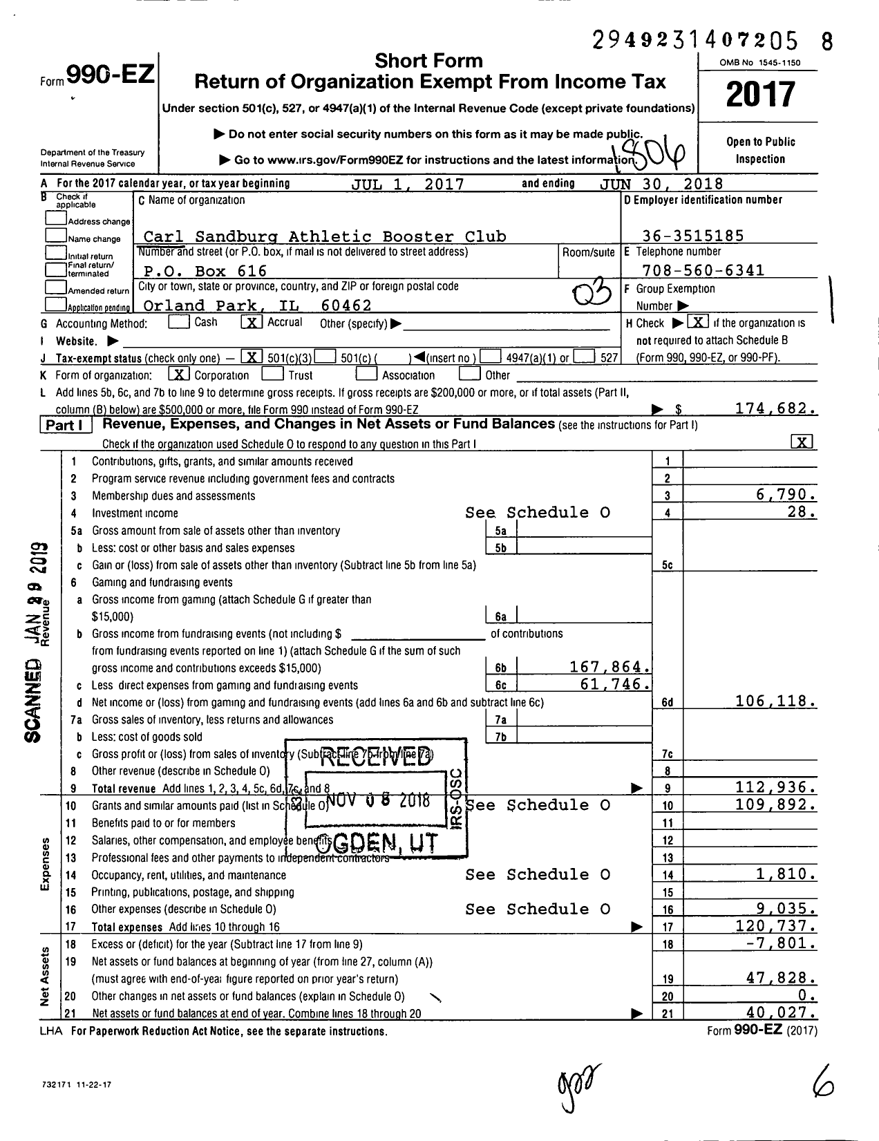 Image of first page of 2017 Form 990EZ for Carl Sandburg Athletic Booster Club