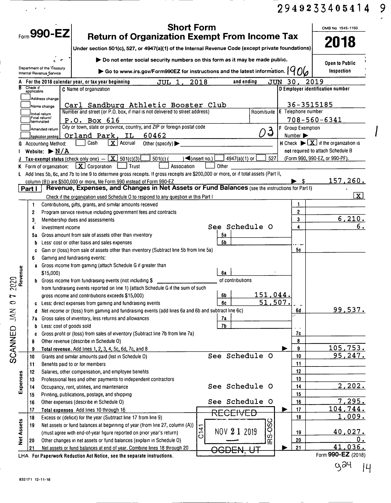 Image of first page of 2018 Form 990EZ for Carl Sandburg Athletic Booster Club