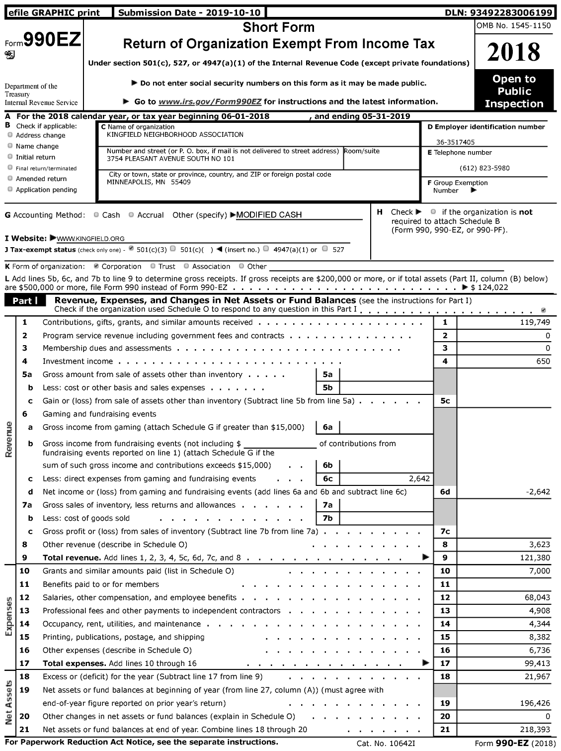 Image of first page of 2018 Form 990EZ for Kingfield Neighborhood Association