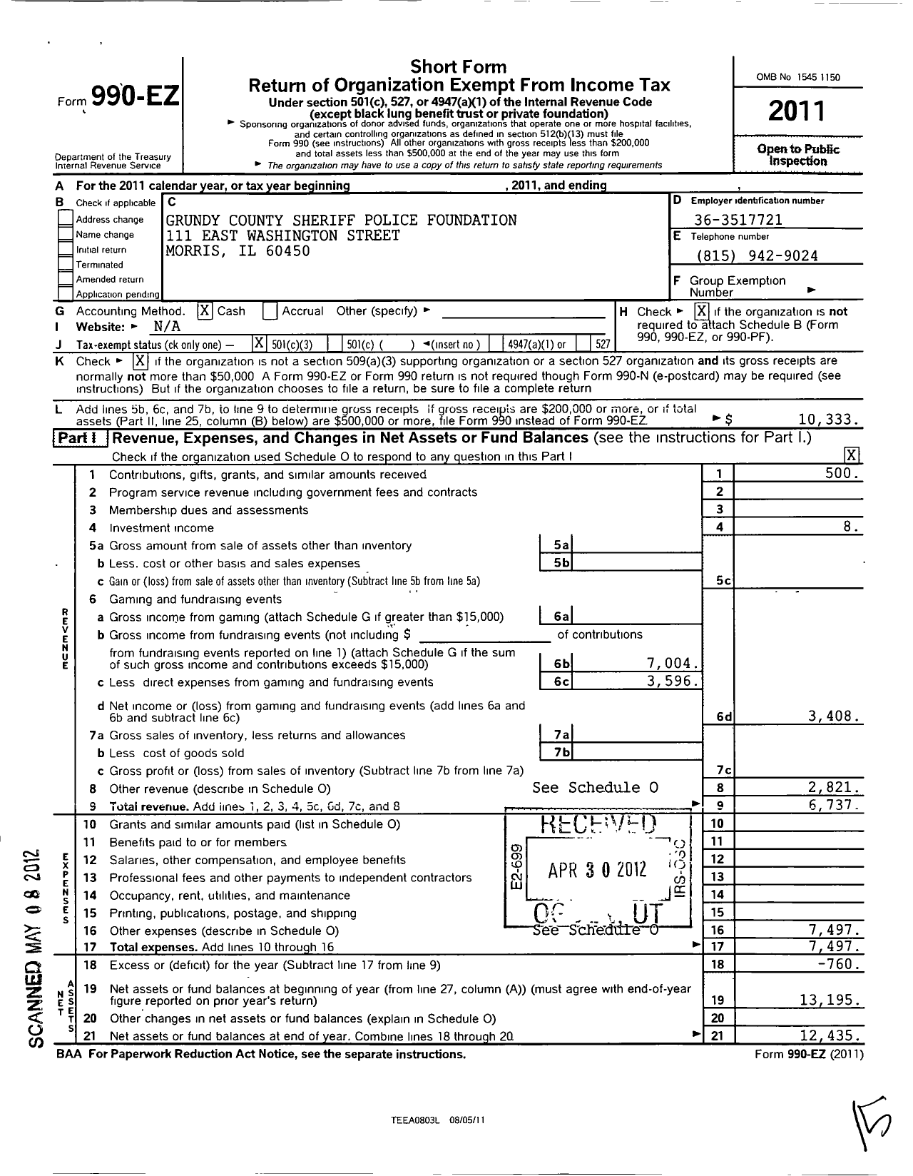 Image of first page of 2011 Form 990EZ for Grundy County Sheriff Police Foundation