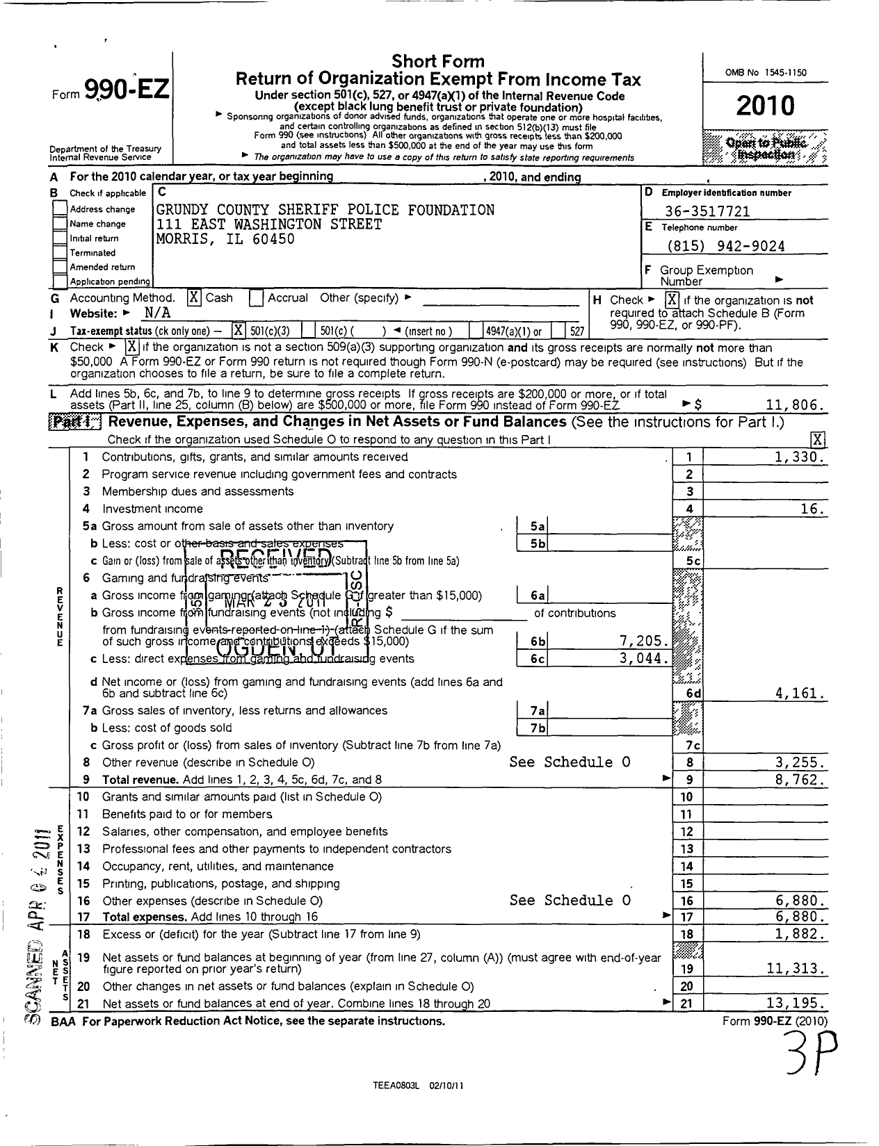 Image of first page of 2010 Form 990EZ for Grundy County Sheriff Police Foundation