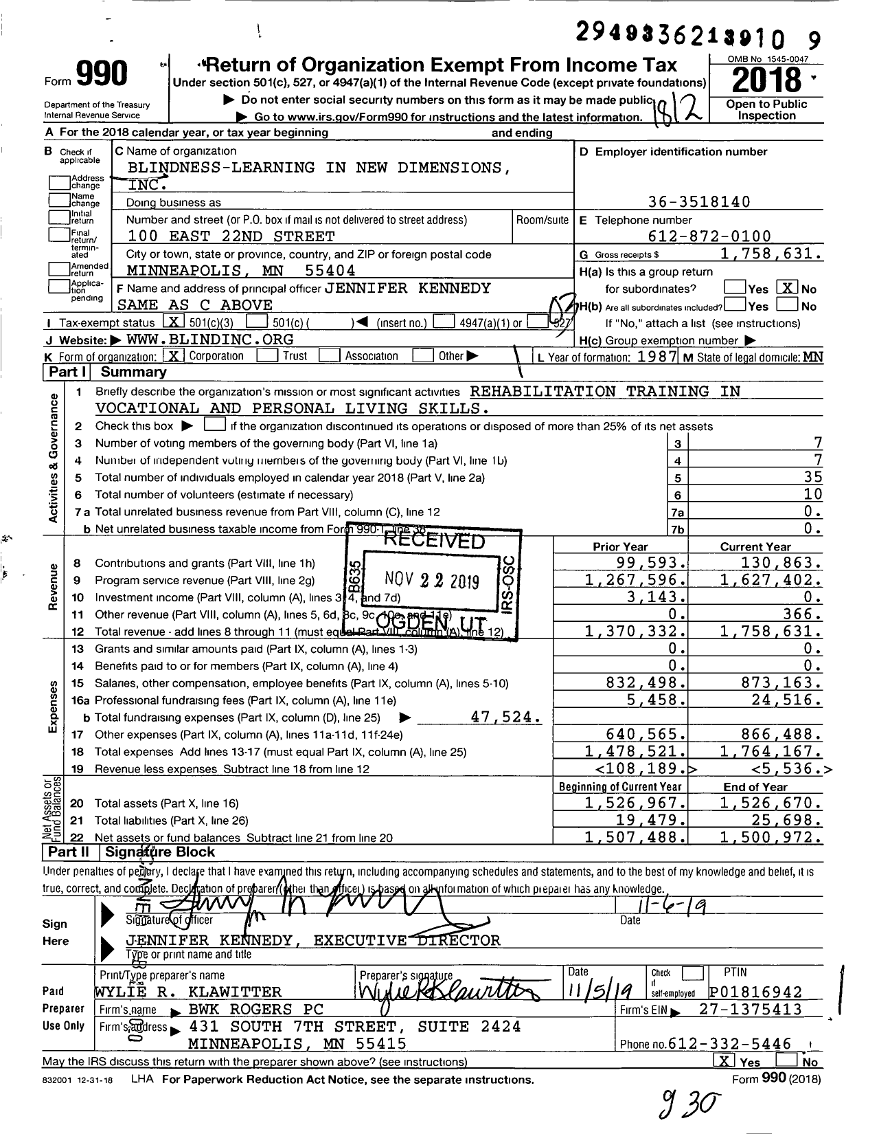 Image of first page of 2018 Form 990 for Blind (BLIND)