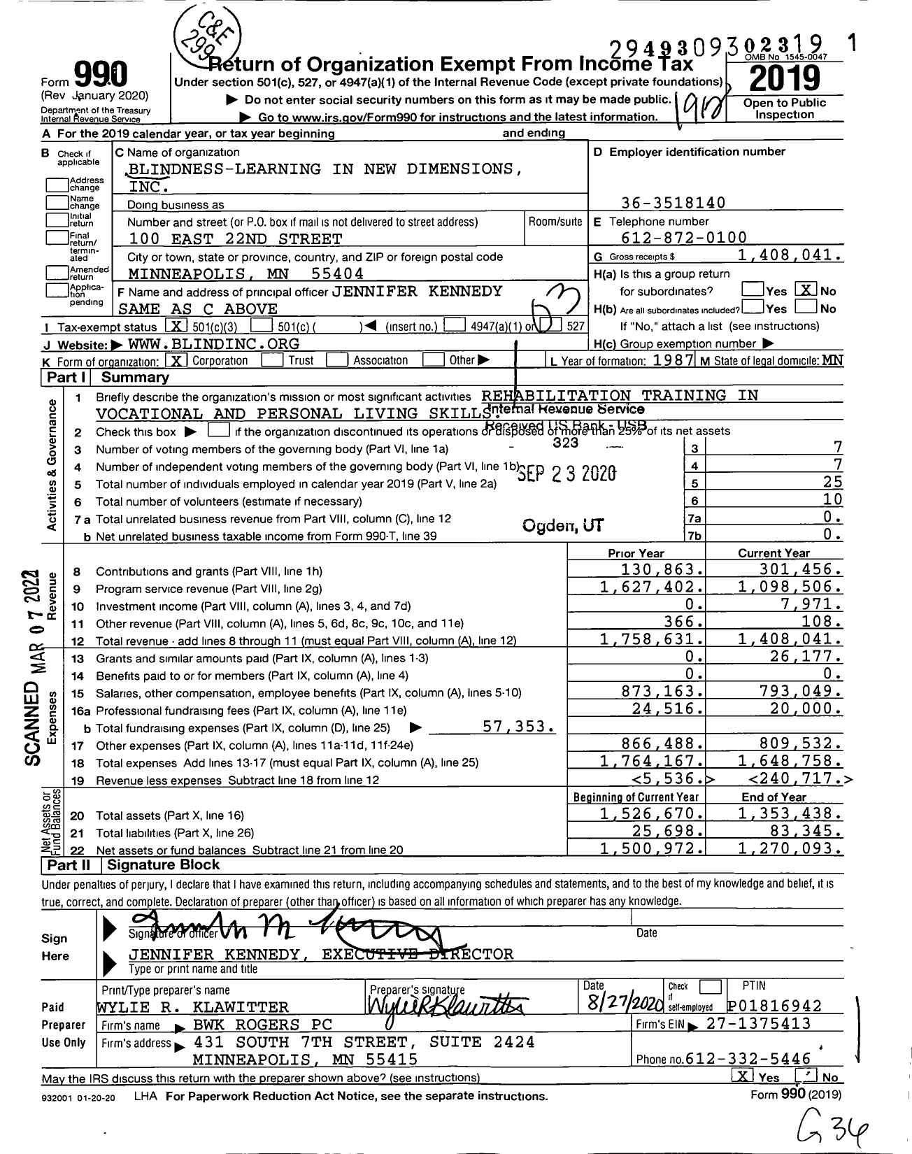 Image of first page of 2019 Form 990 for Blind (BLIND)