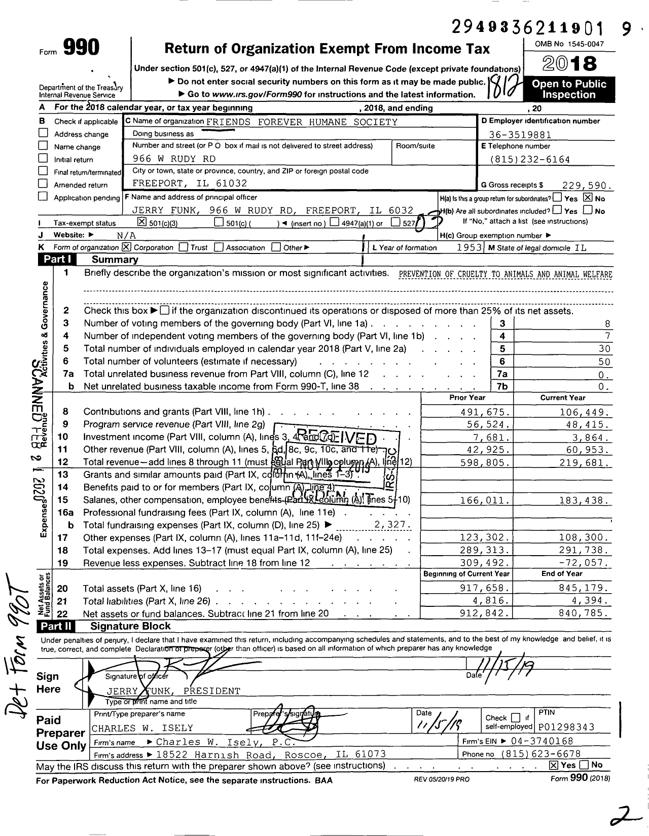 Image of first page of 2018 Form 990 for Friends Forever Humane Society