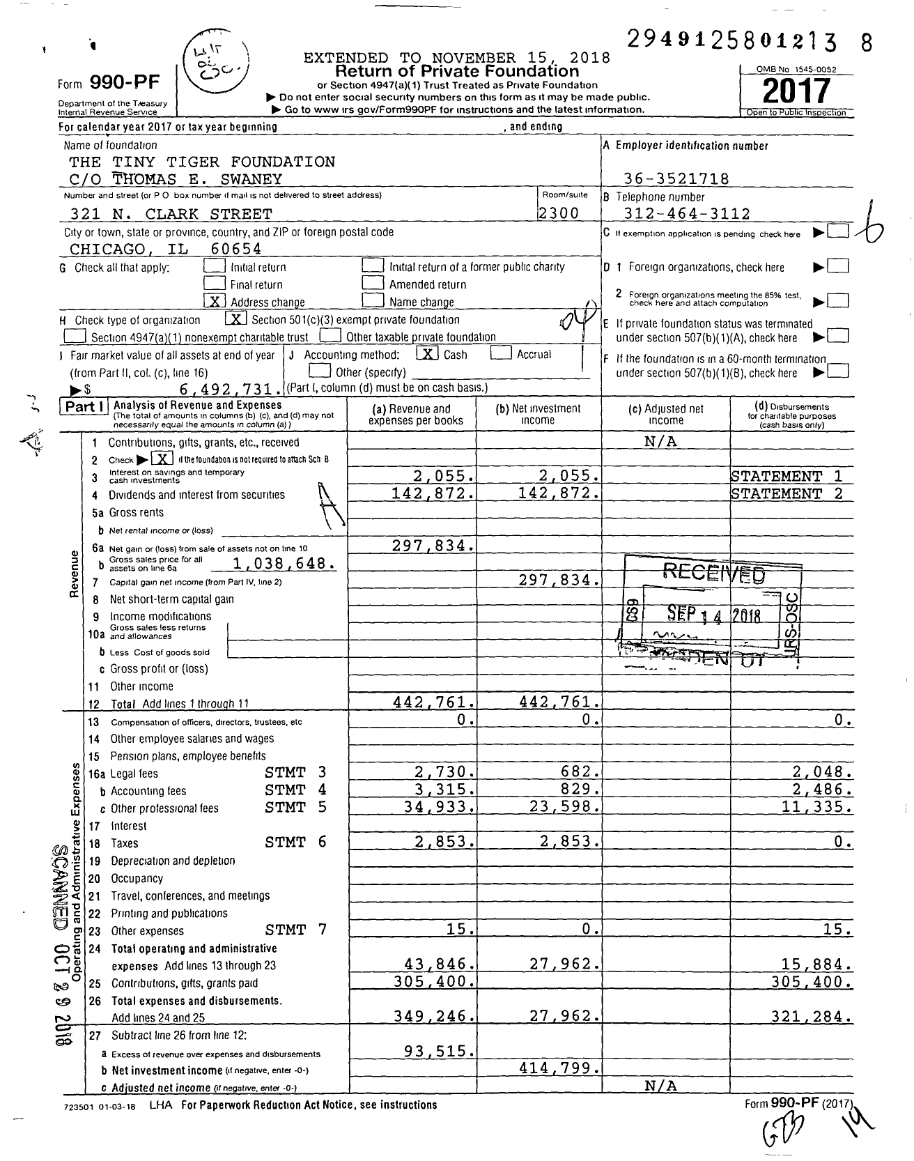 Image of first page of 2017 Form 990PF for The Tiny Tiger Foundation