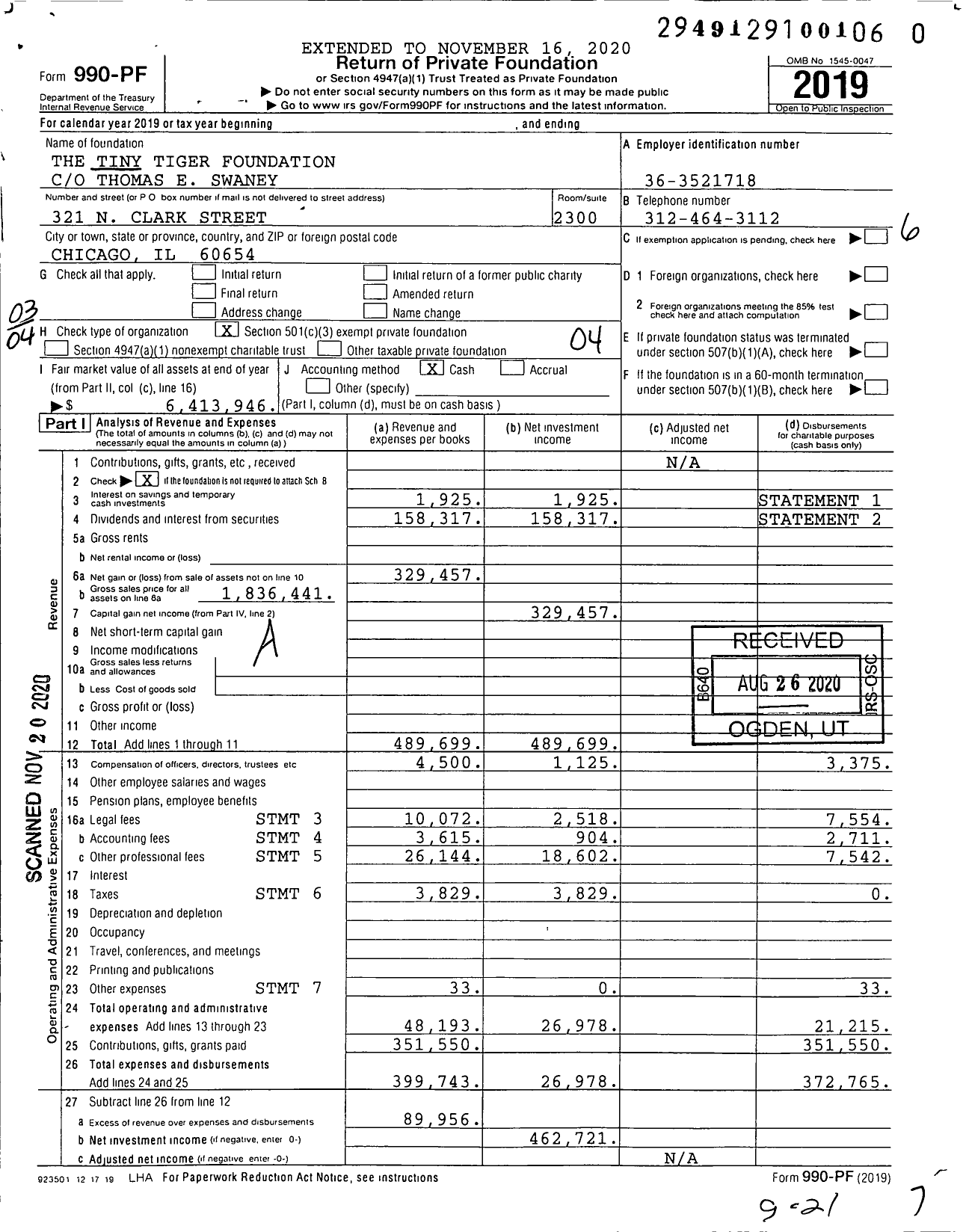 Image of first page of 2019 Form 990PF for The Tiny Tiger Foundation