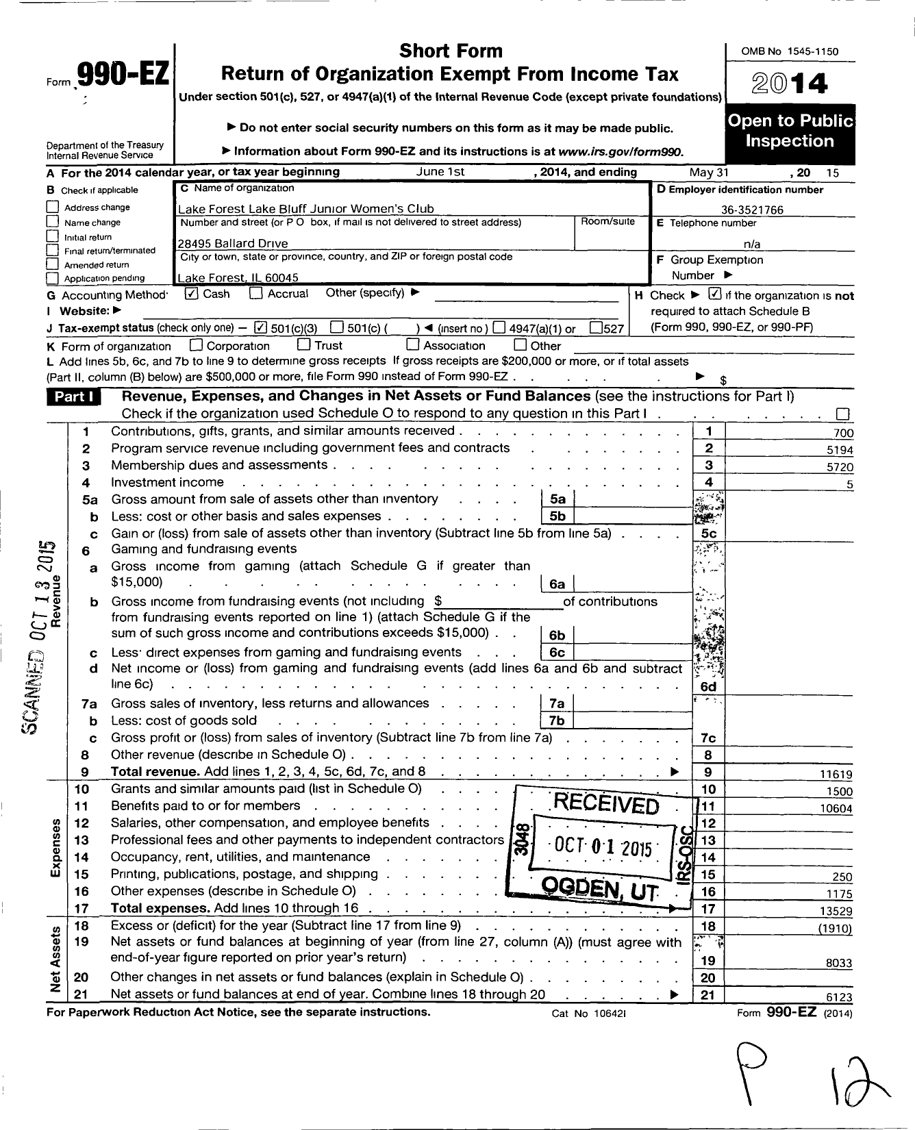 Image of first page of 2014 Form 990EZ for Lake Forest Lake Bluff Junior Womens Club