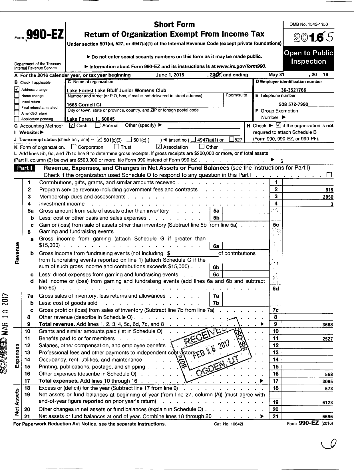 Image of first page of 2015 Form 990EZ for Lake Forest Lake Bluff Junior Womens Club