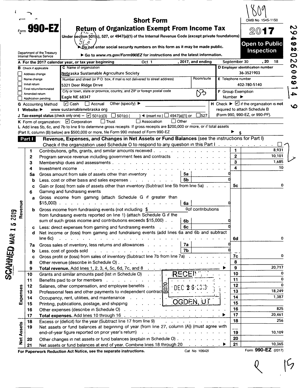 Image of first page of 2017 Form 990EZ for Nebraska Sustainable Agriculture Society Inc-Nsas