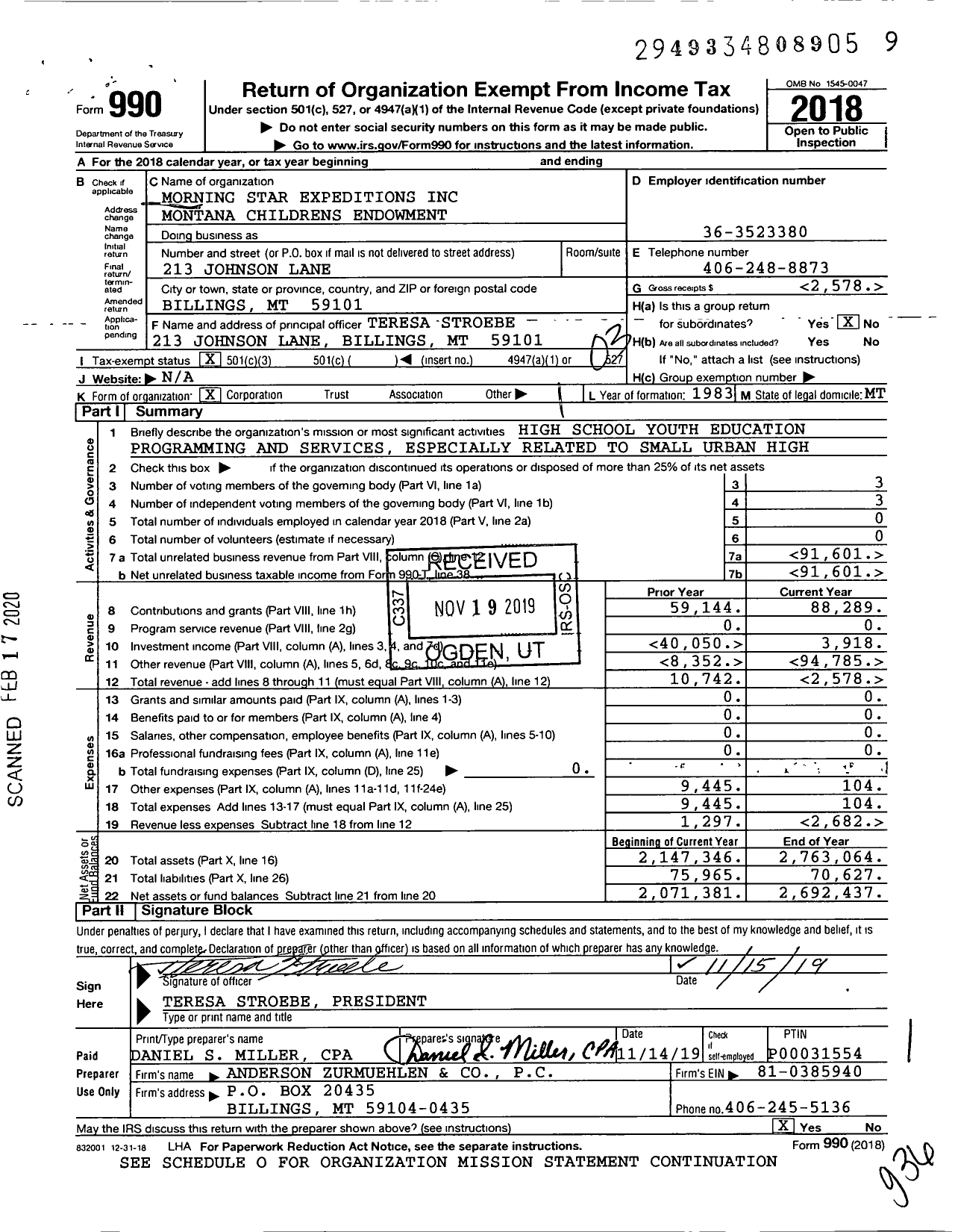 Image of first page of 2018 Form 990 for Morning Star Expeditions Montana Childrens Endowment