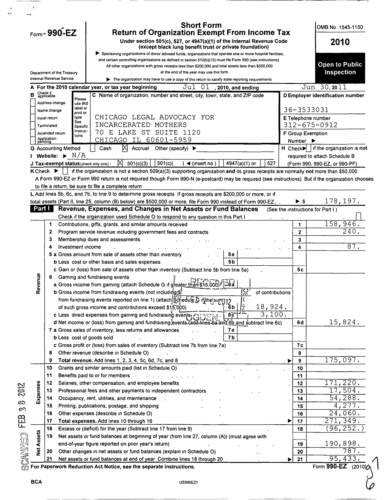 Image of first page of 2010 Form 990EZ for Chicago Legal Advocacy for Incarcerated Mothers