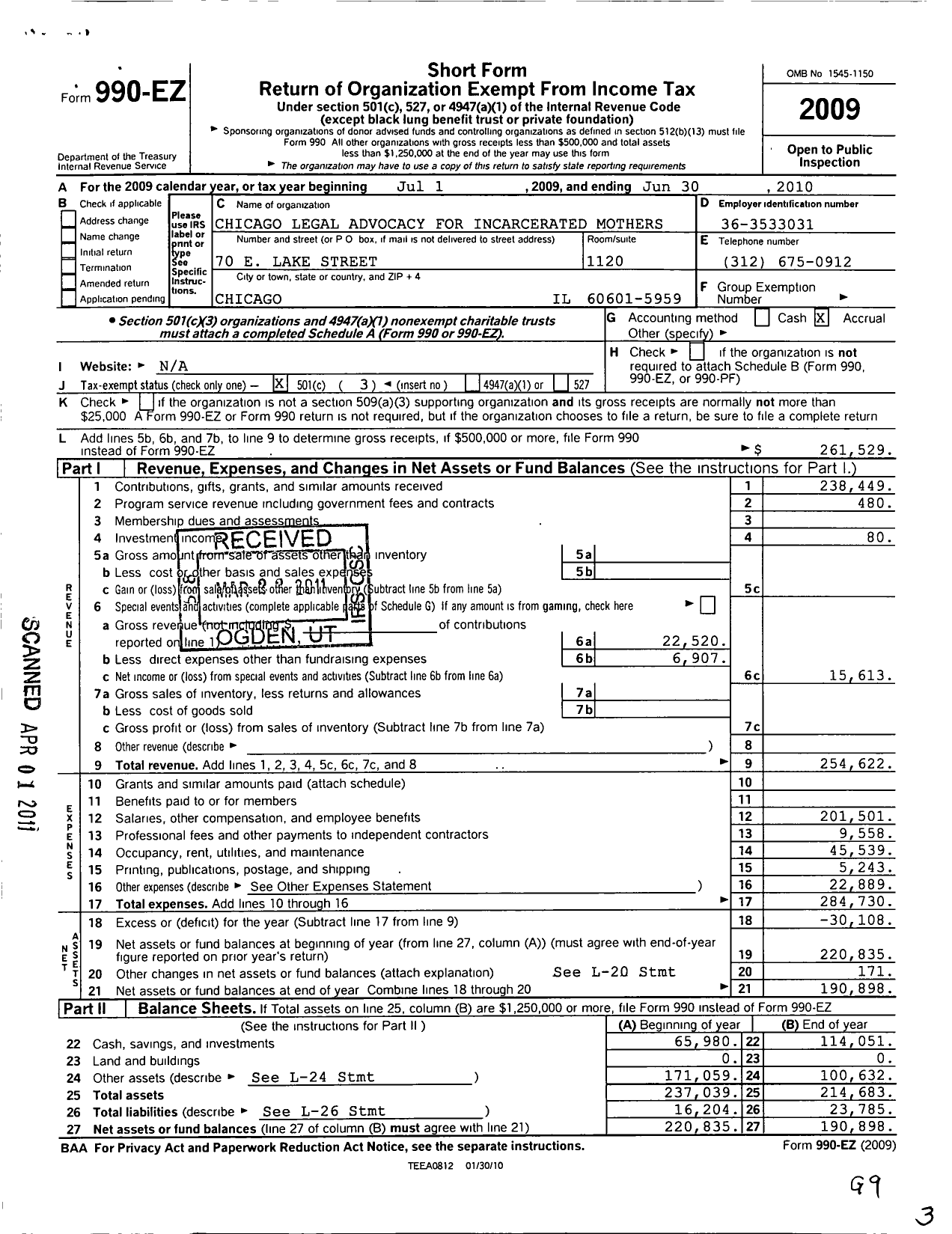 Image of first page of 2009 Form 990EZ for Chicago Legal Advocacy for Incarcerated Mothers