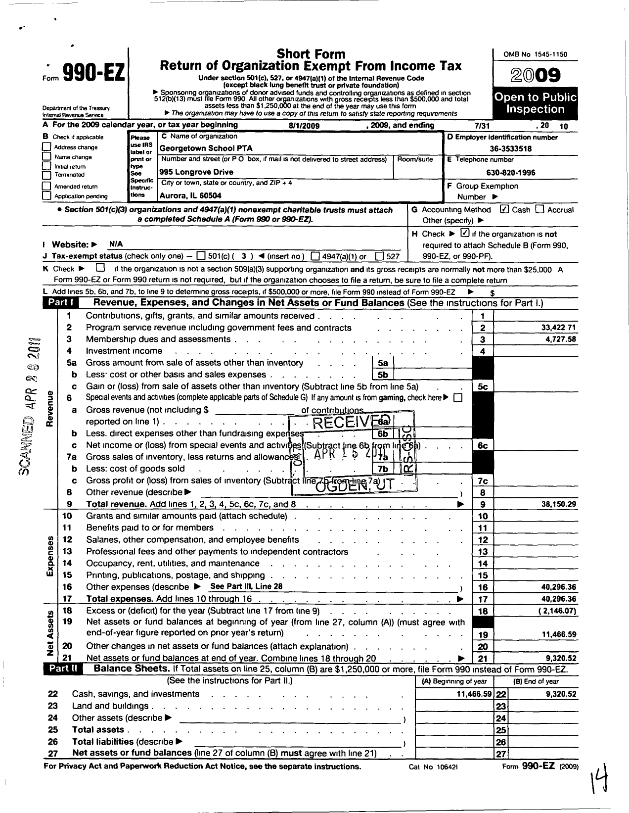 Image of first page of 2009 Form 990EZ for Illinois PTA - Georgetown PTA