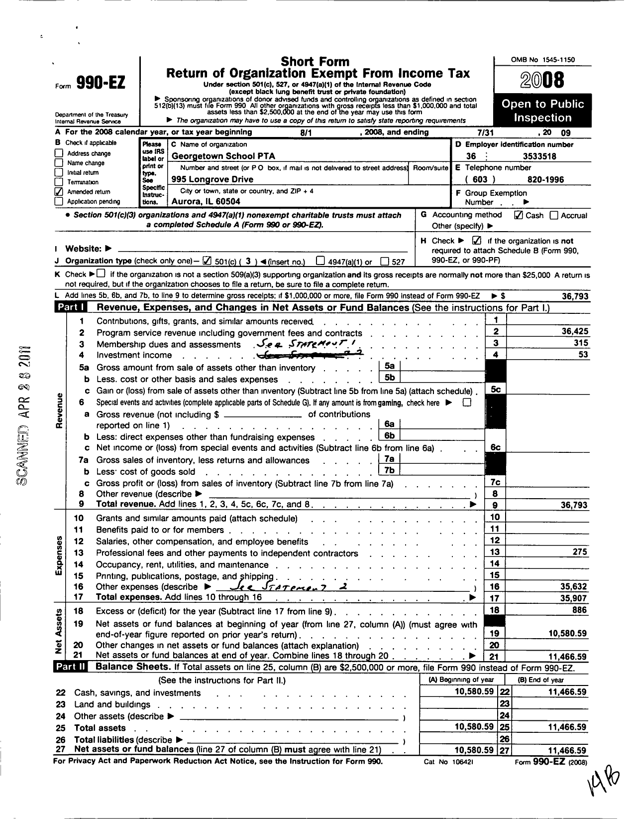 Image of first page of 2008 Form 990EZ for Illinois PTA - Georgetown PTA