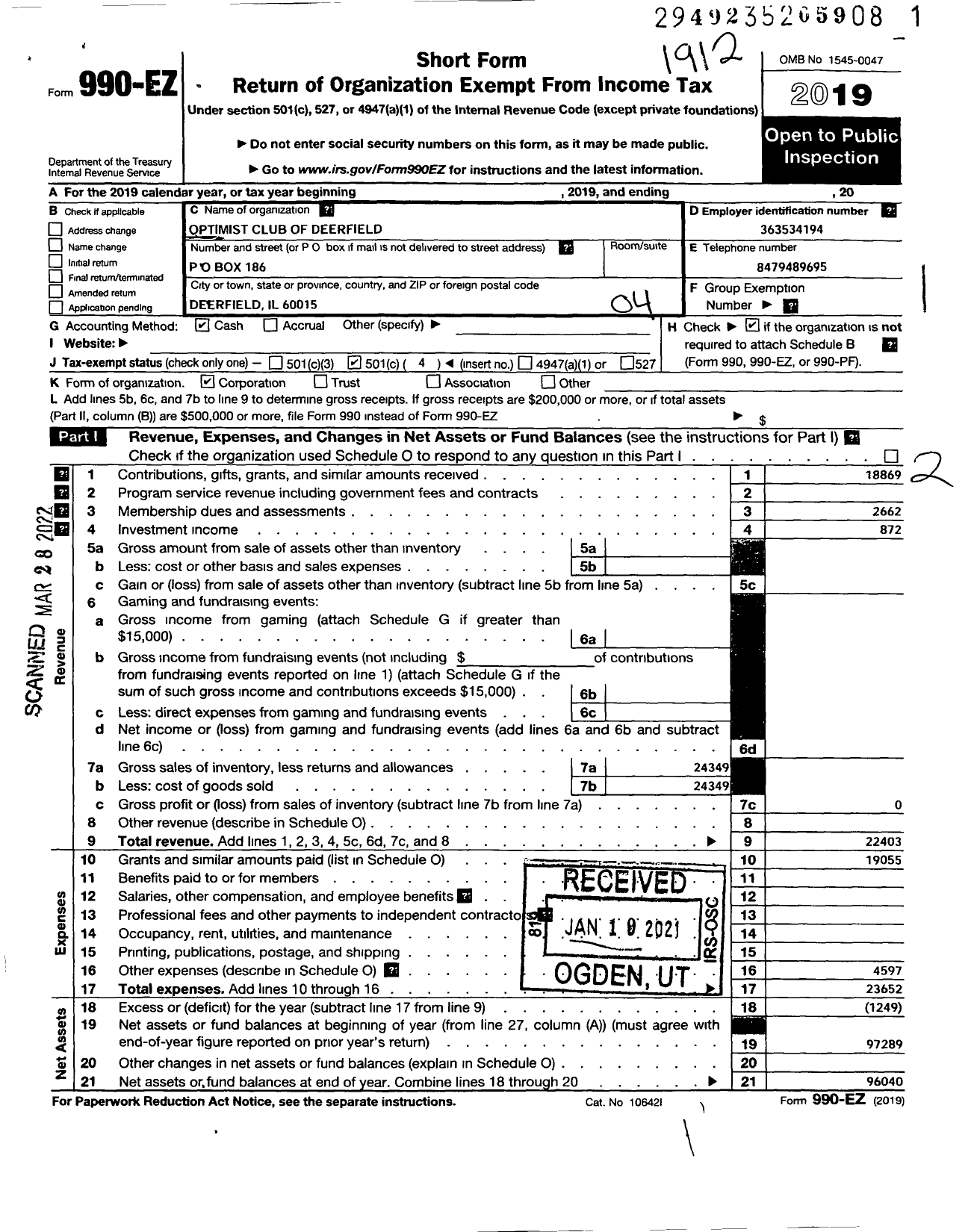 Image of first page of 2019 Form 990EO for Optimist International - 12083 Optimist Club of Deerfield Il