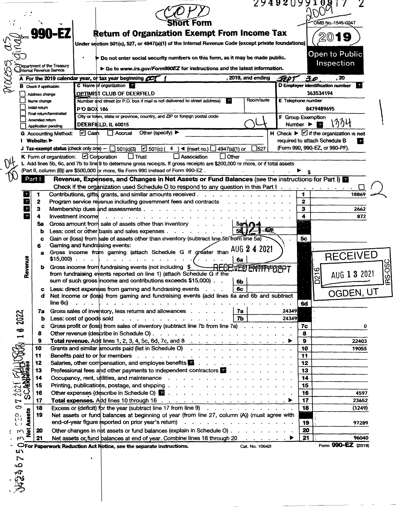 Image of first page of 2019 Form 990EO for Optimist International - 12083 Optimist Club of Deerfield Il