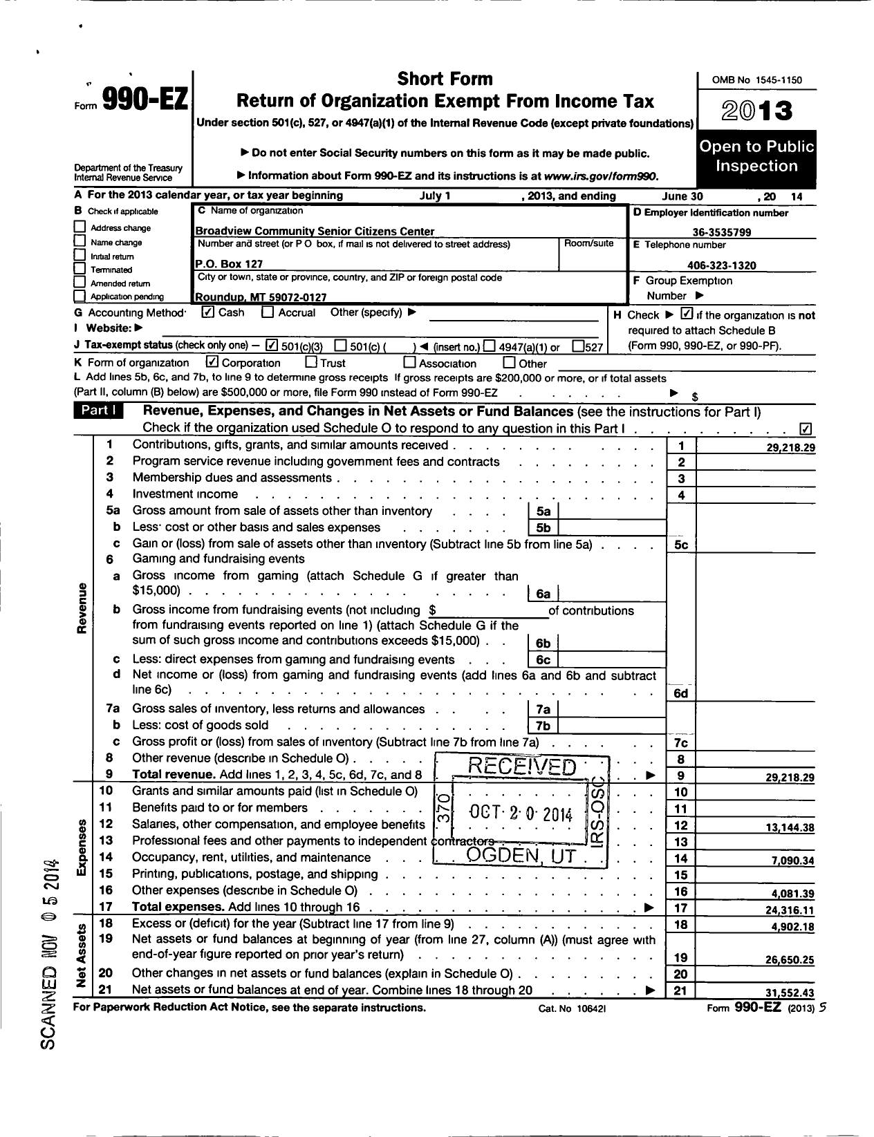 Image of first page of 2013 Form 990EZ for Broadview Community Senior Citizens Center