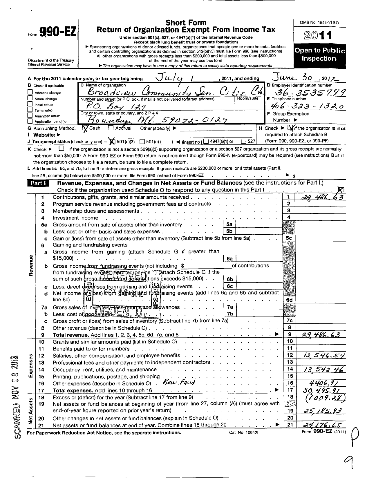 Image of first page of 2011 Form 990EZ for Broadview Community Senior Citizens Center