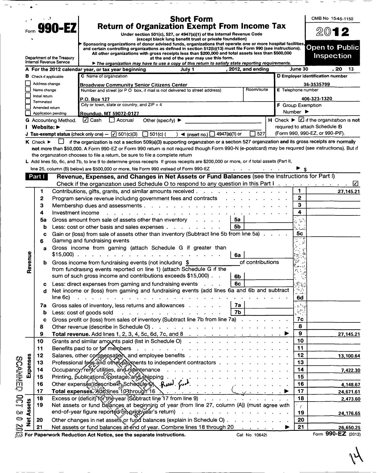 Image of first page of 2012 Form 990EZ for Broadview Community Senior Citizens Center