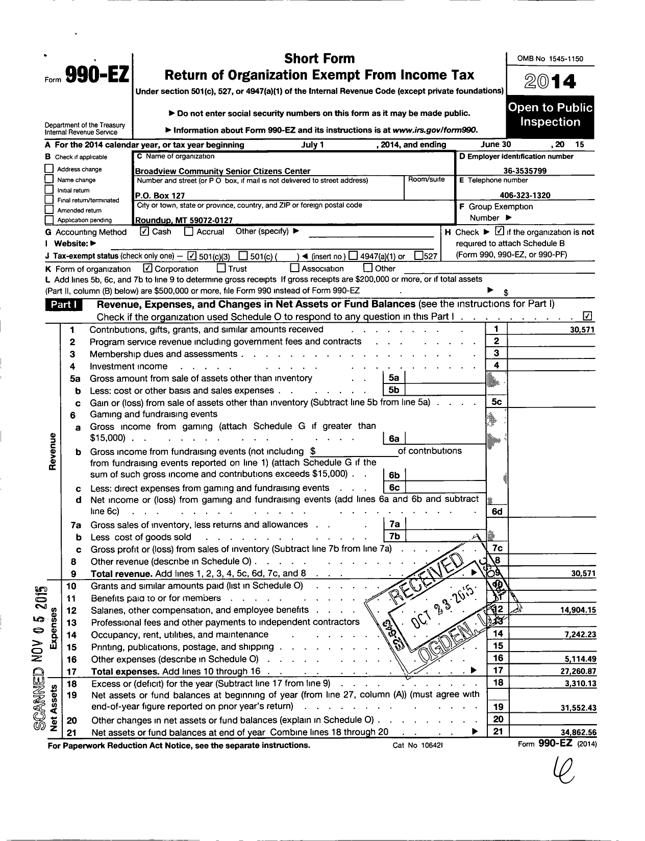 Image of first page of 2014 Form 990EZ for Broadview Community Senior Citizens Center