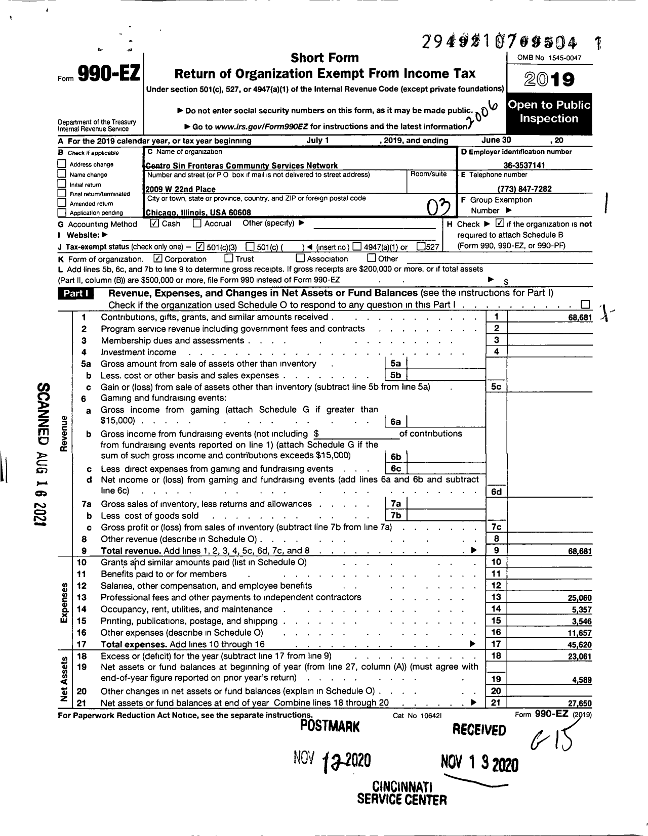 Image of first page of 2019 Form 990EZ for Centro Sin Fronteras Community Services Network