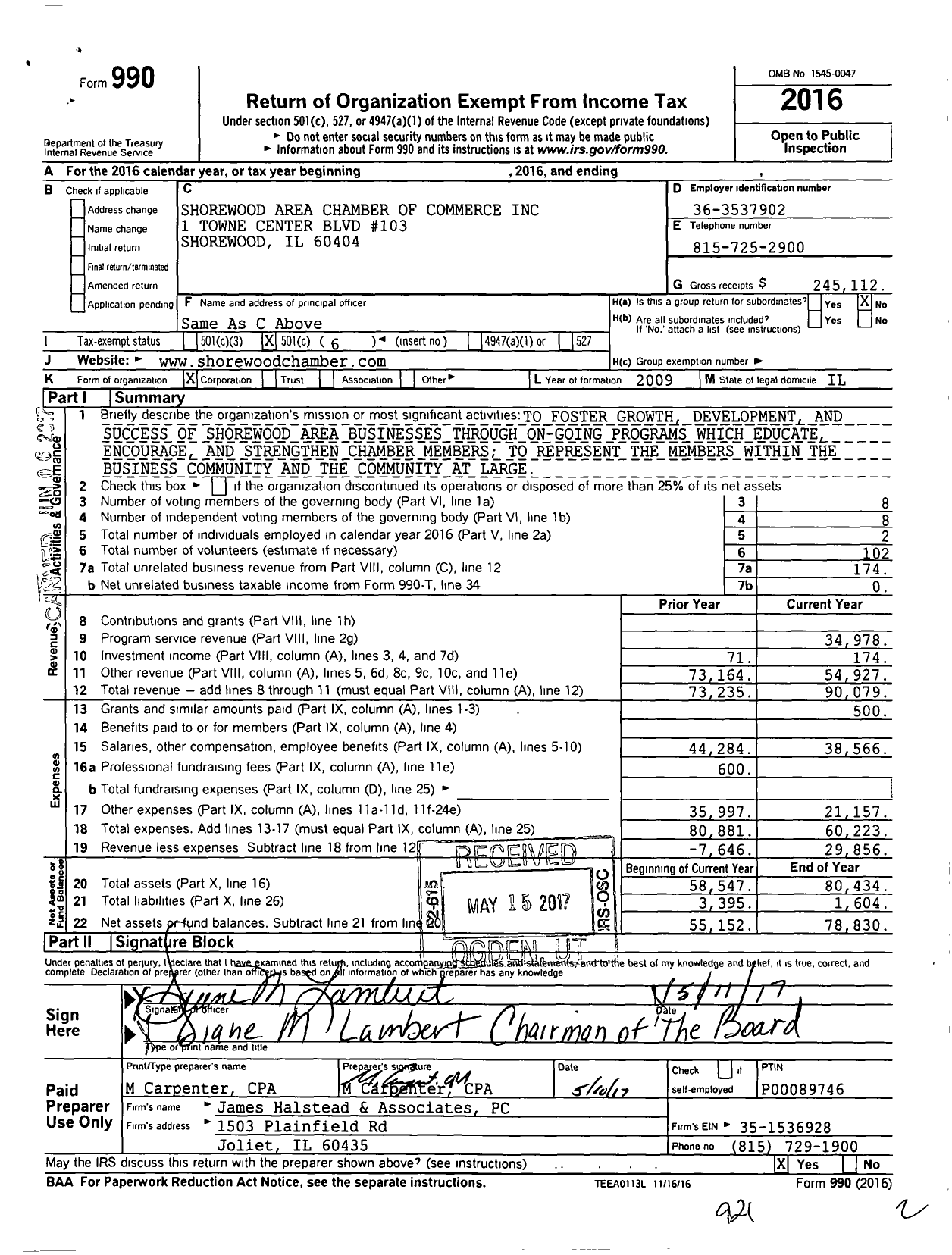 Image of first page of 2016 Form 990O for Shorewood Area Chamber of Commerce