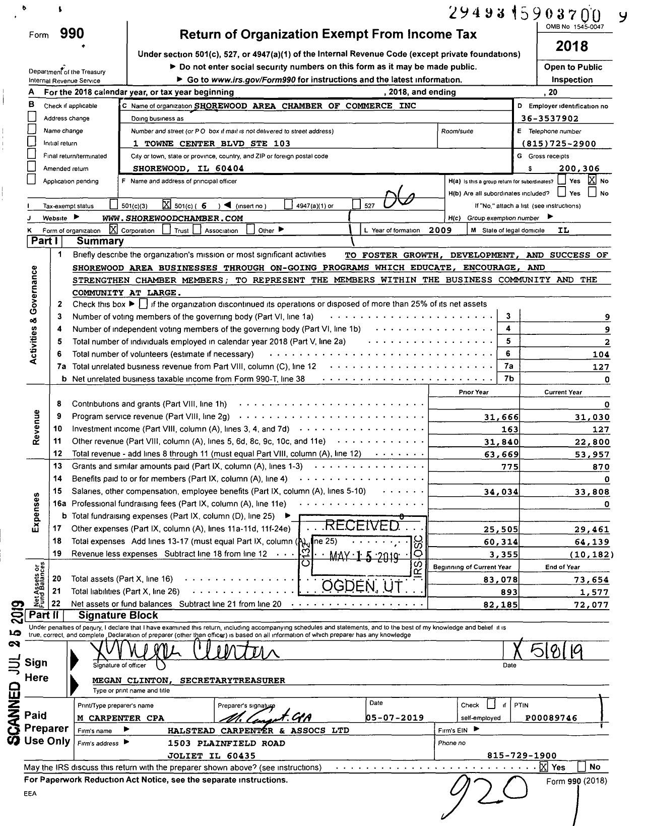 Image of first page of 2018 Form 990O for Shorewood Area Chamber of Commerce