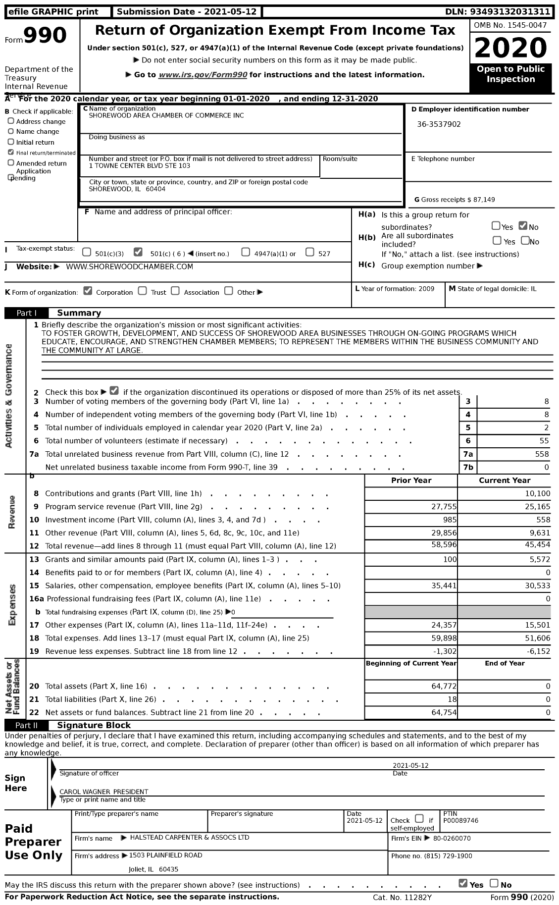 Image of first page of 2020 Form 990 for Shorewood Area Chamber of Commerce