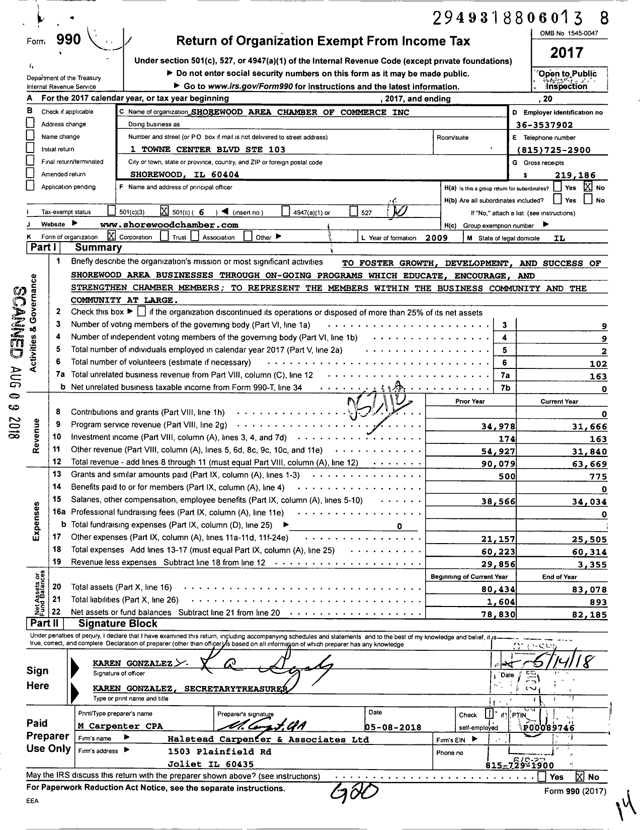 Image of first page of 2017 Form 990O for Shorewood Area Chamber of Commerce