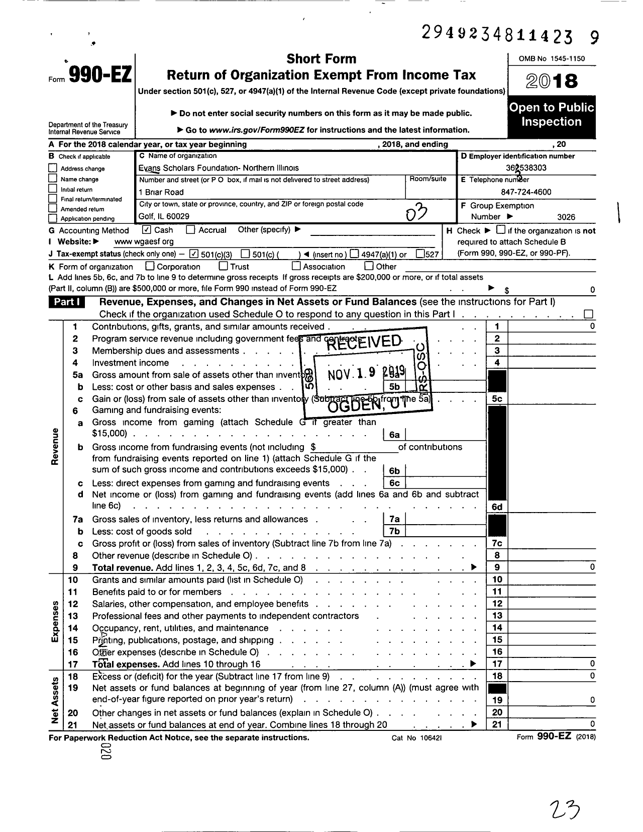 Image of first page of 2018 Form 990EZ for EVANS SCHOLARS FOUNDATION - Northern Illinois