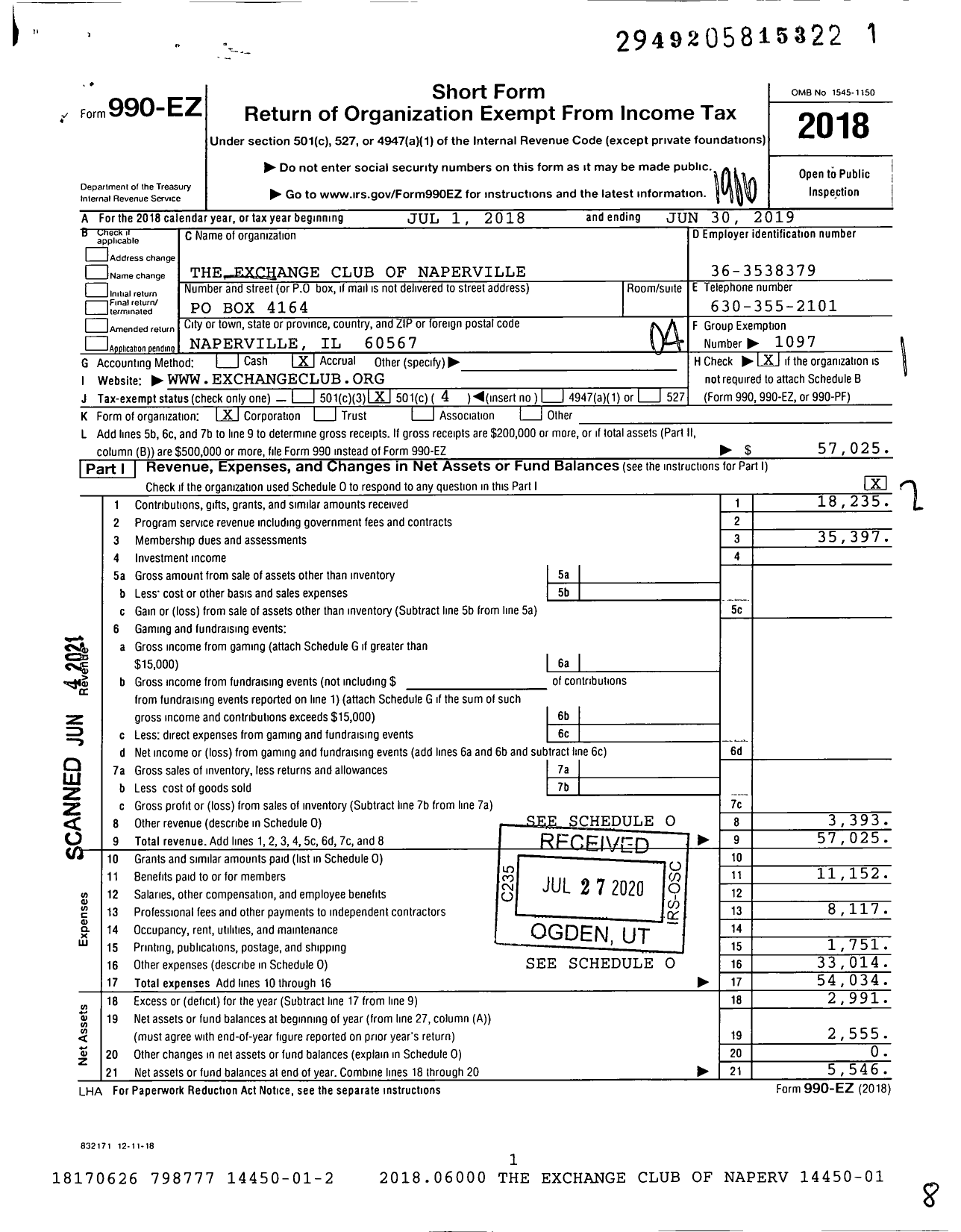 Image of first page of 2018 Form 990EO for National Exchange Club - 2402 Naperville Il