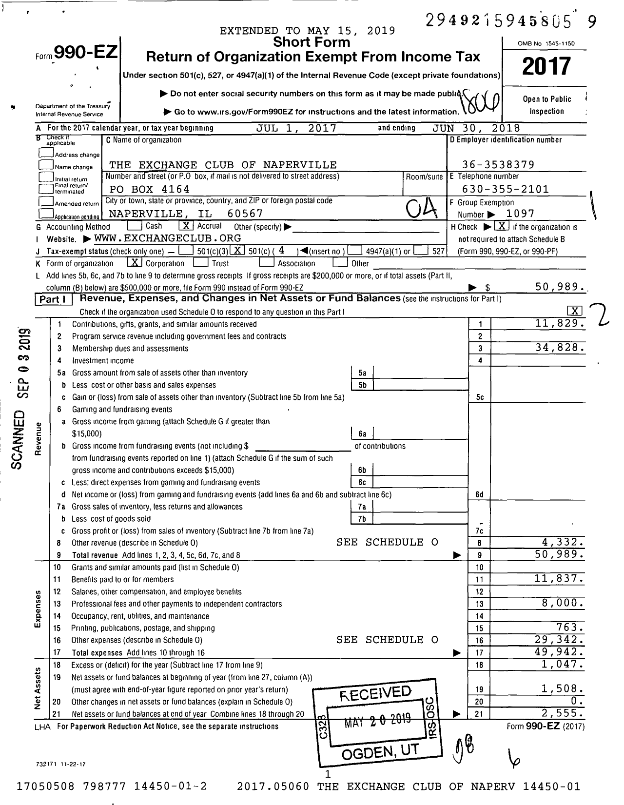 Image of first page of 2017 Form 990EO for National Exchange Club - 2402 Naperville Il