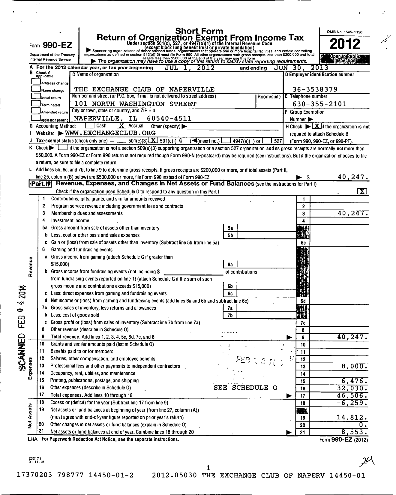 Image of first page of 2012 Form 990EO for National Exchange Club - 2402 Naperville Il