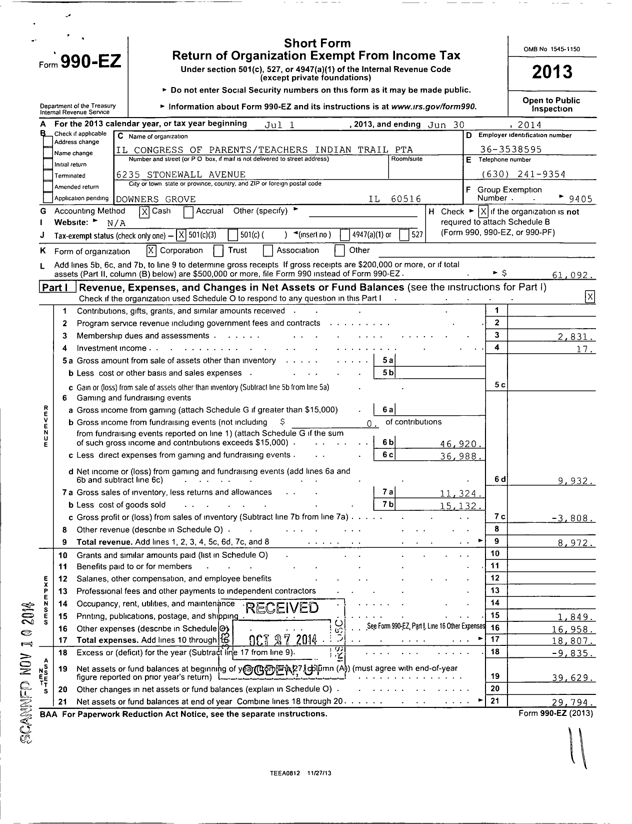 Image of first page of 2013 Form 990EZ for Illinois PTA - Indian Trail PTA